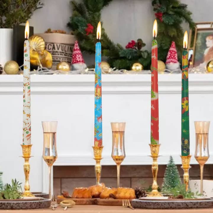 4-Color Pack Christmas Decor Holiday Taper Candles for wholesale by Candles Meta
