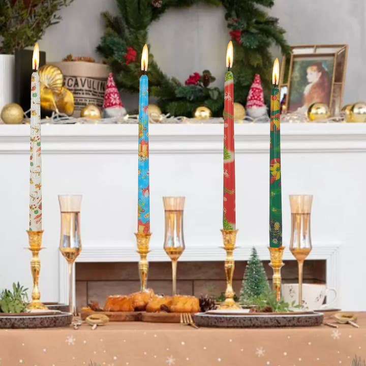 4-Color Pack Christmas Decor Holiday Taper Candles for wholesale by Candles Meta