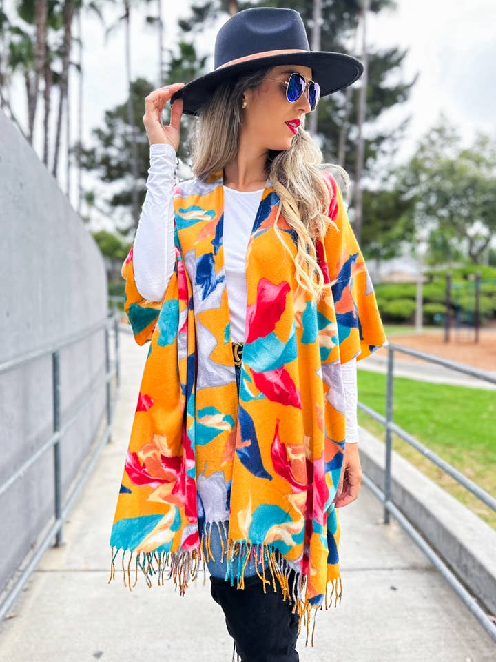 Flerfärgad Multi levande blommigt tryckt kimono kofta med tofs för wholesale på Faire