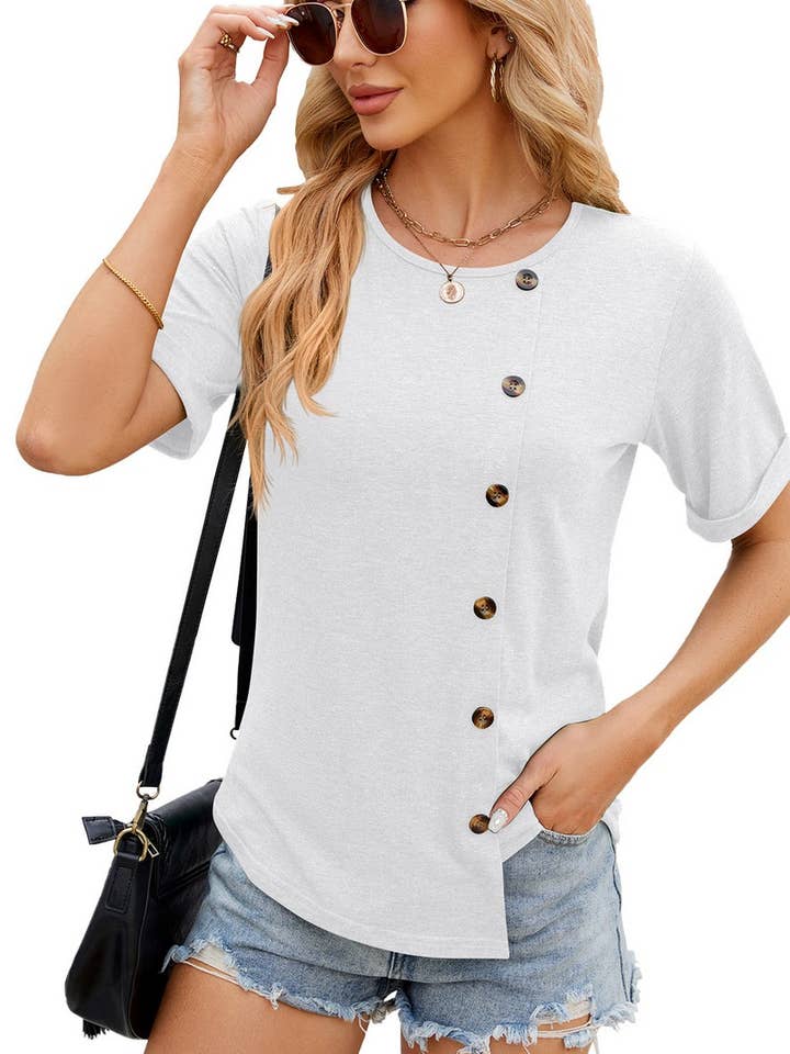 Lily Clothing - Wholesale T-Shirt - Women's - ROUND COLLAR BUTTON IRREGULAR HEM T SHIRT_CWTSTS0147