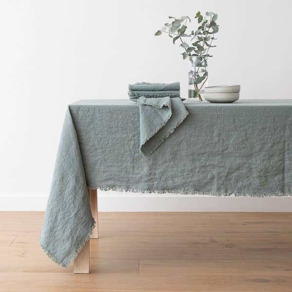 Linen Tablecloth Spa Green Terra Fringe for wholesale by LinenMe