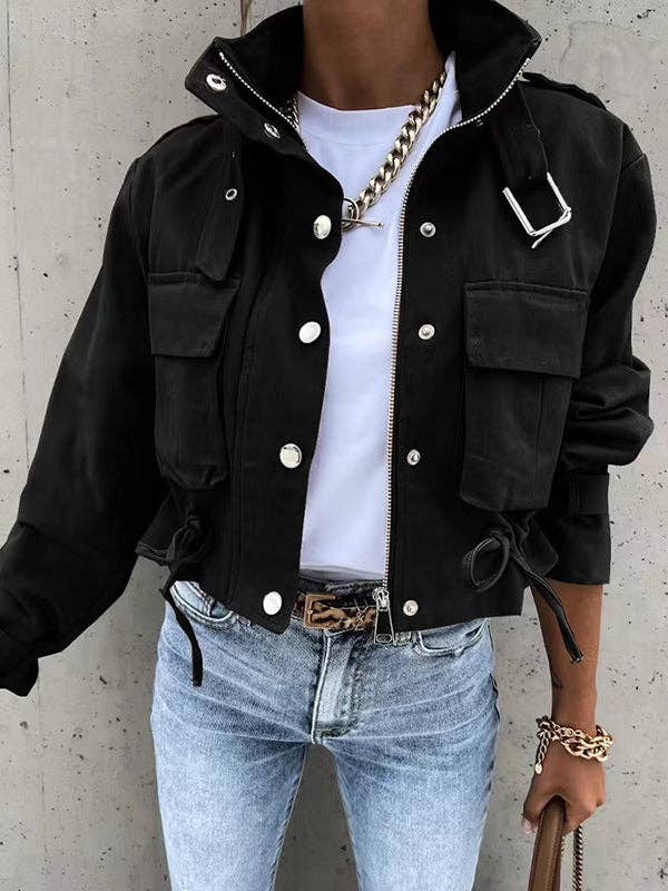 Mangas compridas, bolsos soltos com cordão abotoado, bolsos com cordão, cor sólida, colarinho, colarinho, colarinho, colarinho, roupa exterior por atacado de VividLux