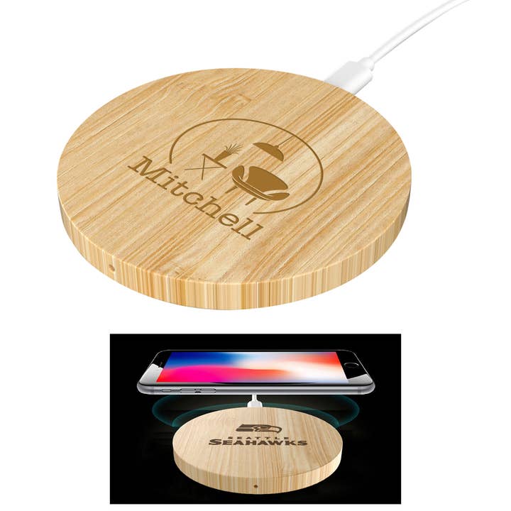 Eco Circular Power Pad 15W Bamboo Induction Charging Station for wholesale by Market Street Promotions