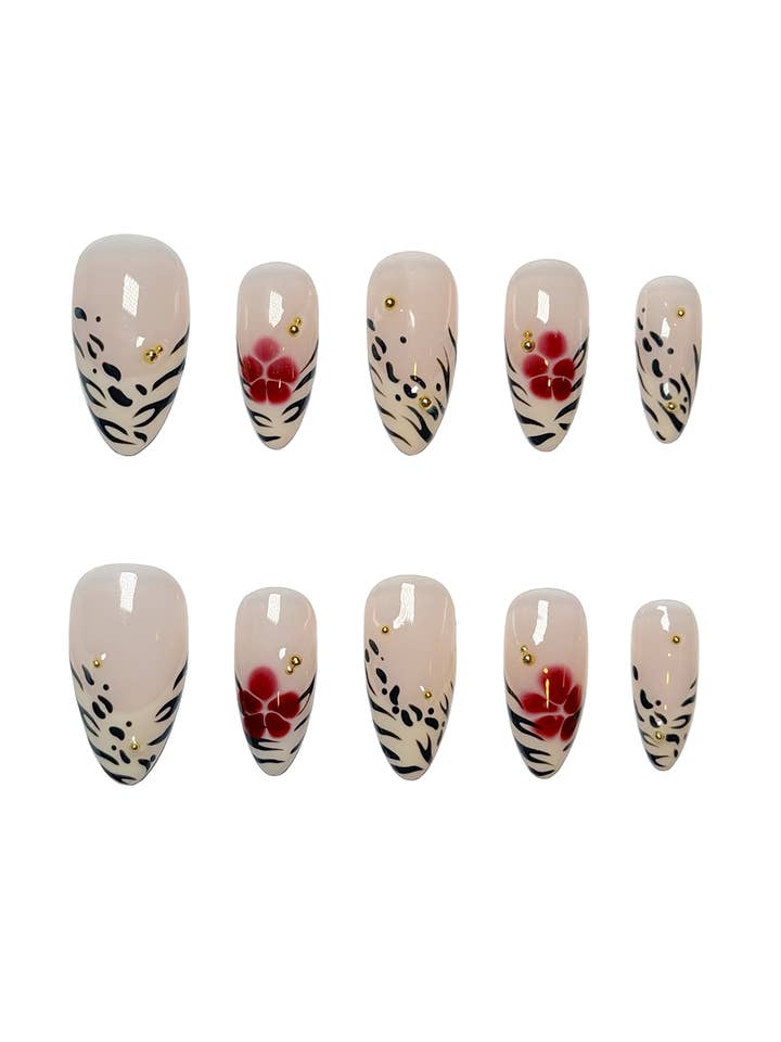 Hazel Zebra Print Red Flower Nails for wholesale by Claws Instant Nails LLC