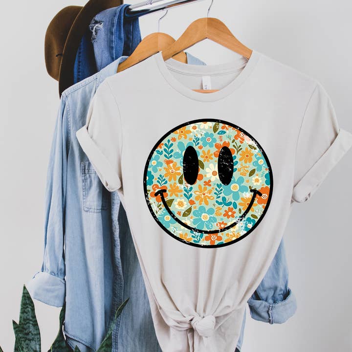 Colorful Retro Smiley Graphic Tee for wholesale by Willow Poppy