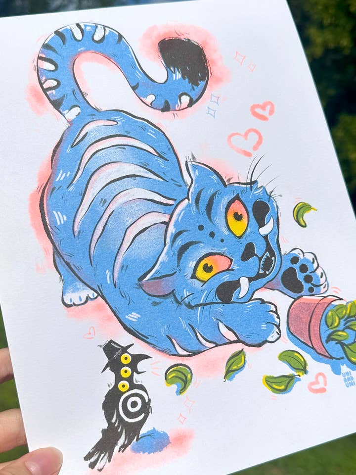 Impression Risograph Tigre Bleu Derp | Impression d'art 8,5x11 pouces pour la vente par Uni & Umi