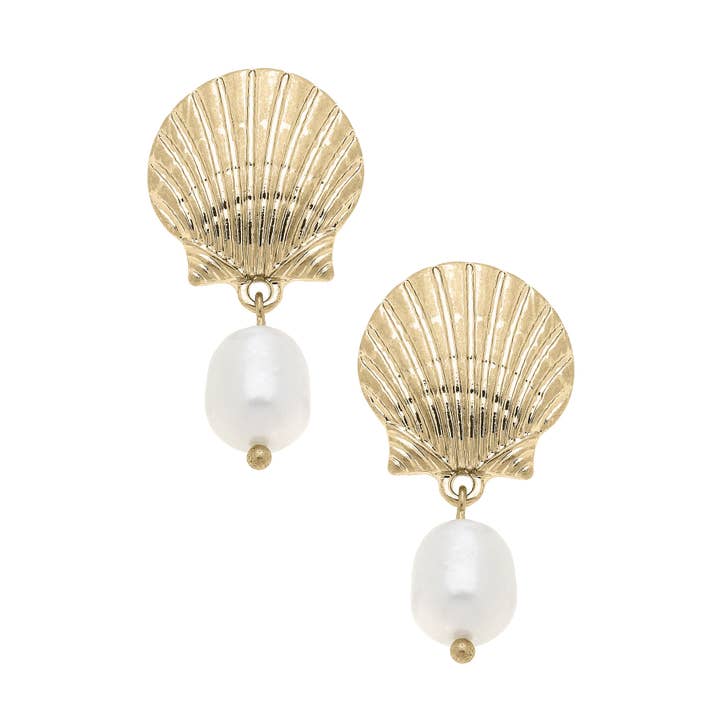 Canvas Style - Wholesale Dangle Earrings - Perla Scallop Shell Drop Earrings in Shiny Gold