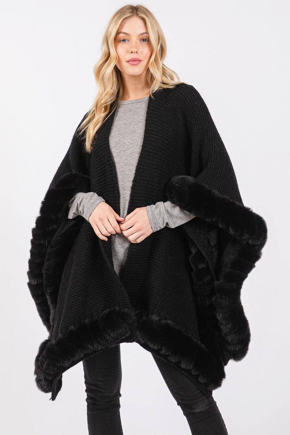MiMi Wholesale - Wholesale Cape - Women's - MS0409 Brenda Fine Knit Faux Fur Hook & Eye-Closure Cape0