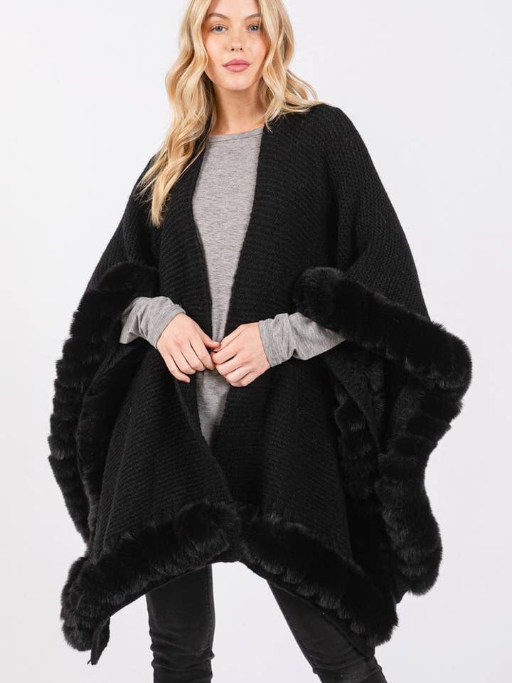 MiMi Wholesale - Wholesale Cape - Women's - MS0409 Brenda Fine Knit Faux Fur Hook & Eye-Closure Cape