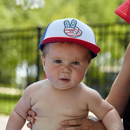 Funky Junque - Wholesale Kids Hat - Kids - Flat Brim Trucker Hat: USA Peace Fingers (White/Red/Blue)3