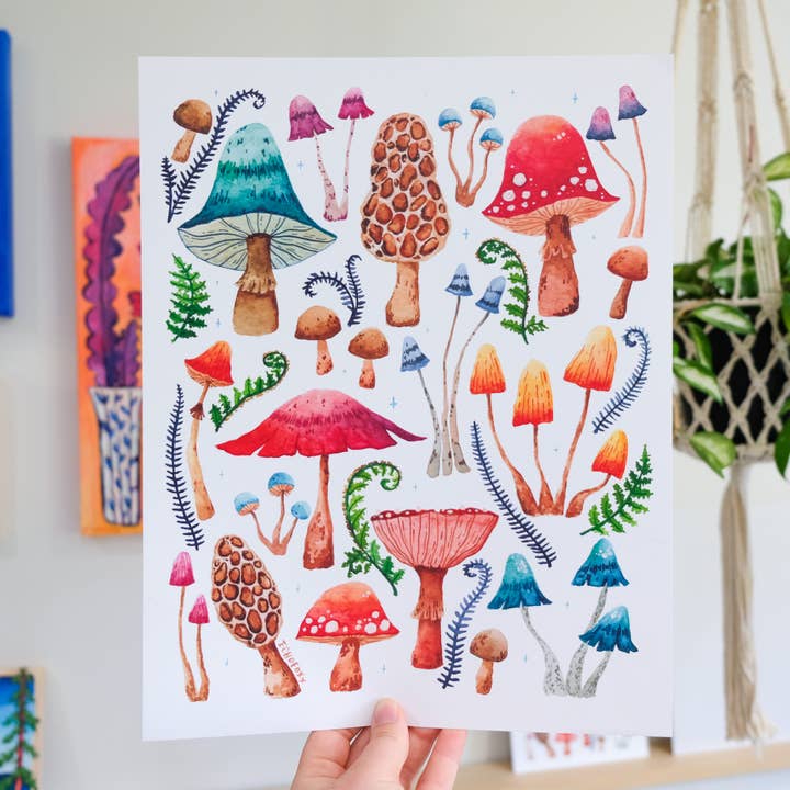 Whimsical Mushrooms Watercolor Art Print for wholesale by Echo Foxx