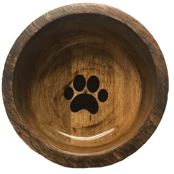 round wooden bowl with paw design for wholesale by Advance Pet Products