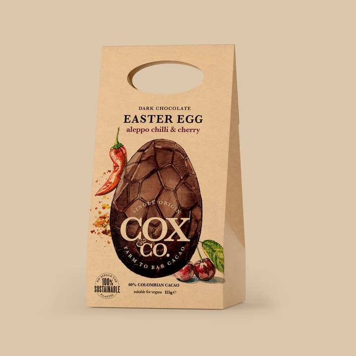 ¡NUEVO! Huevo de Pascua con 60% de Guindilla de Alepo y Cereza SRP 6 x 155g para venta al por mayor de Cox&Co
