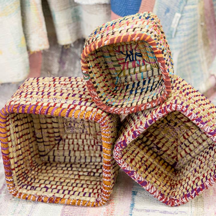 Kaisa Grass Baskets with Woven Recycled Sari Fabric – Set of 3 for wholesale by Rahab's Rope