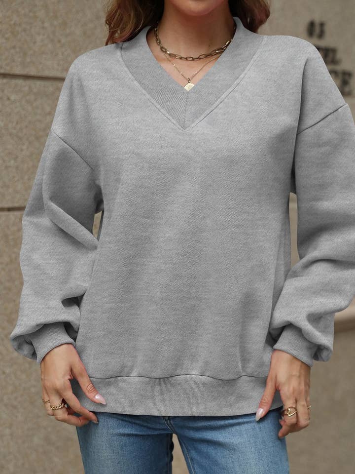 NINEXIS - Wholesale Blouse - Women's - CWTBLL4011_SOLID V-NECK FLEECE LINED LOOSE FIT SWEATSHIRT4