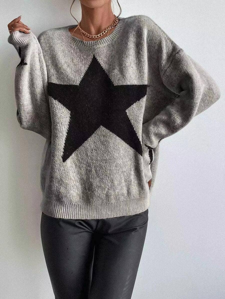 Dipped Shop - Wholesale Knit Sweater - Women's - Round Neck Star Jacquard Pullover Sweater DPT14274