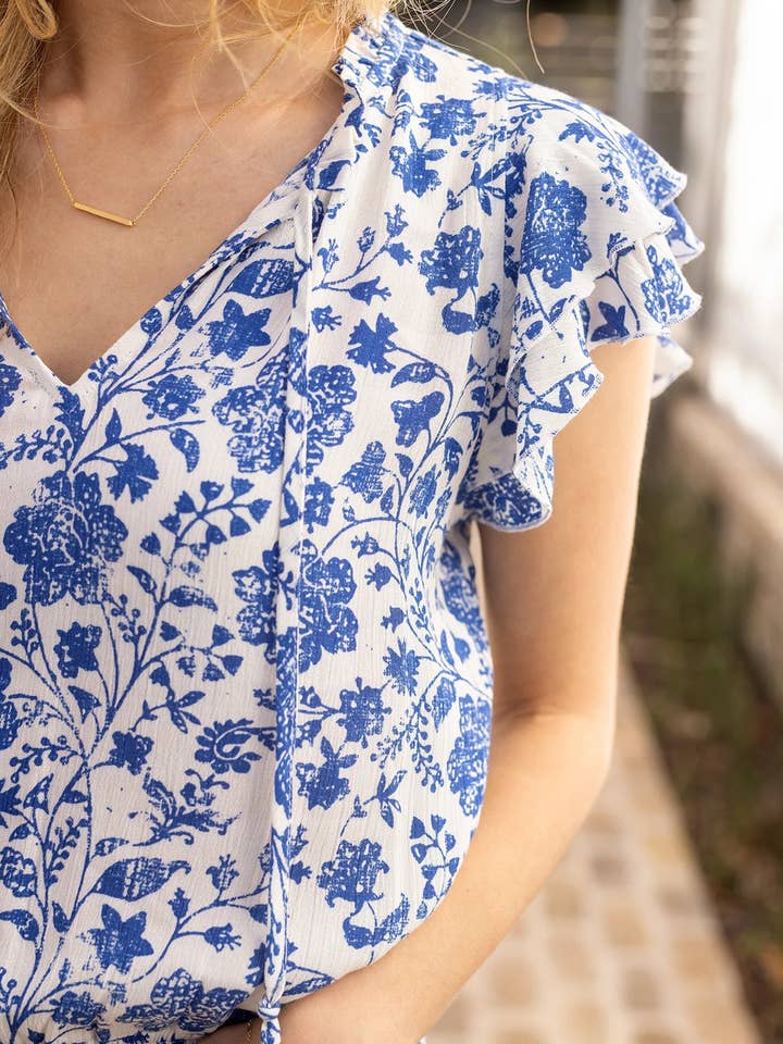 Ruffle Sleeve Smocked Waist Top in Toile Print for wholesale on Faire