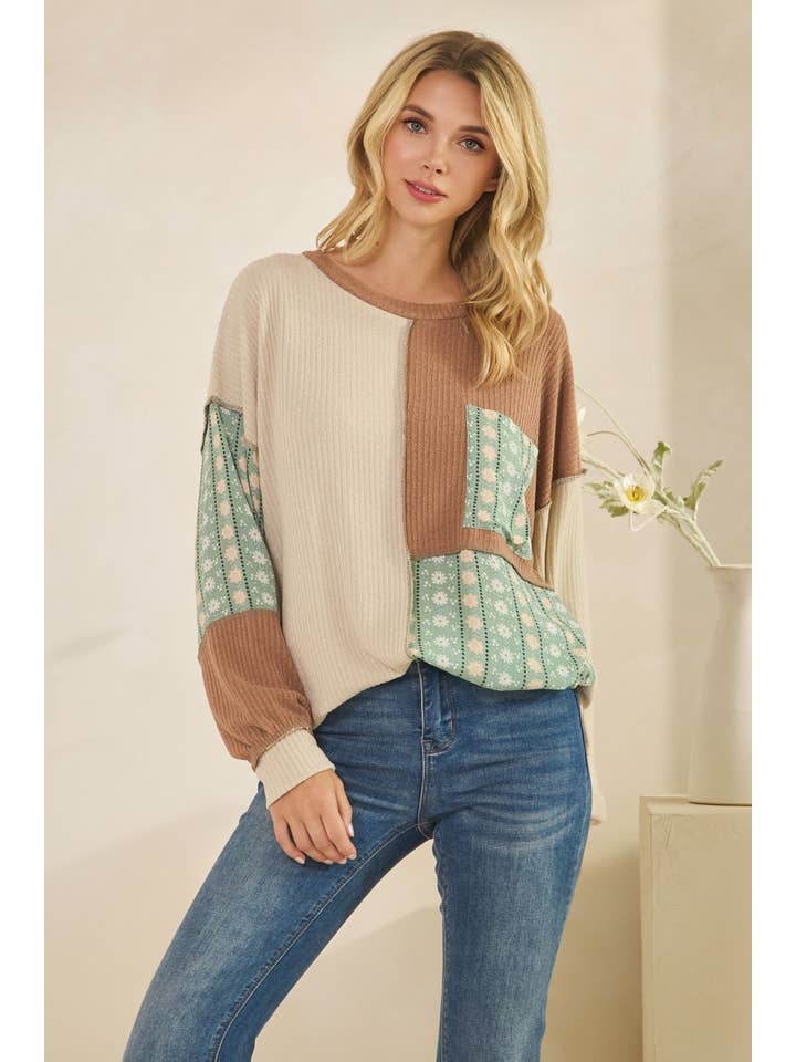 7th Ray - Wholesale Knit Top - Women's - Color Block Floral Patchwork Pullover Top T59891