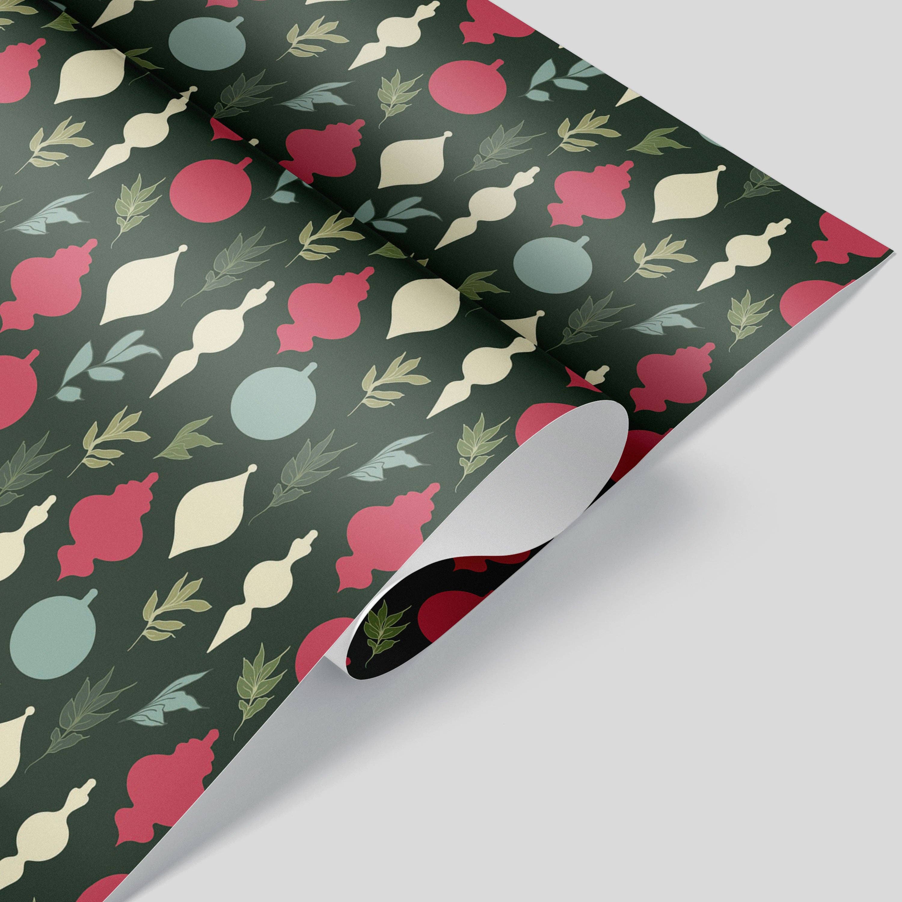 Kartoti Designs - Wholesale Wrapping Paper Roll - Dark Green Christmas Ornaments Wrapping Paper1