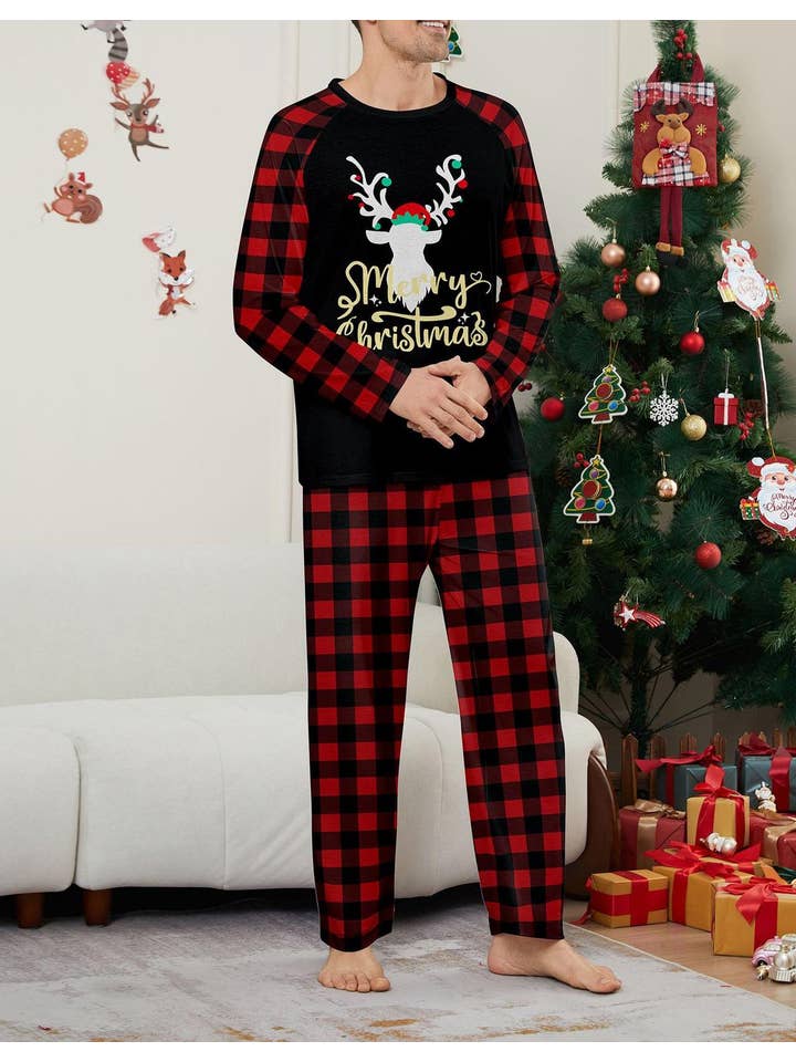 Anna Kaci Wholesale - Wholesale Sleepwear Set - Unisex - Family Christmas Pajama Set with Black Tops Red Plaid Pants13