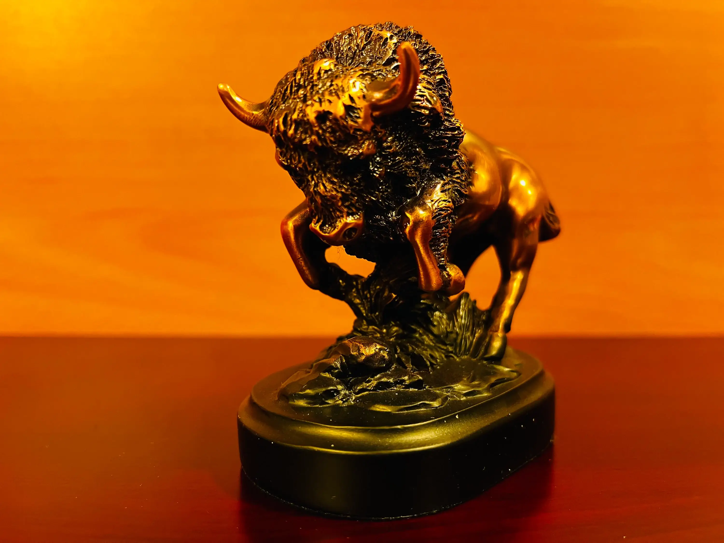 KSR Designs - Wholesale Sculpture - Small Bronze Finish Buffalo Sculpture on Base, 3.50"Hx3.25"W3