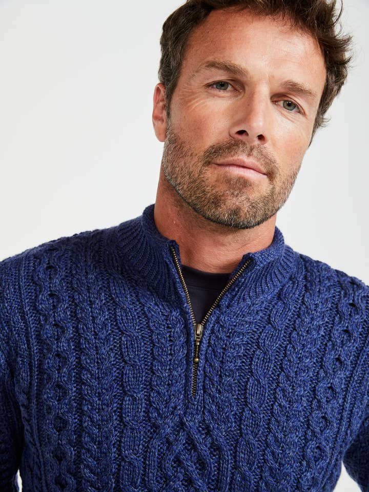 Pull Troyer homme Lackaun à demi-fermeture éclair - bleu marine pour la vente par Aran Woollen Mills