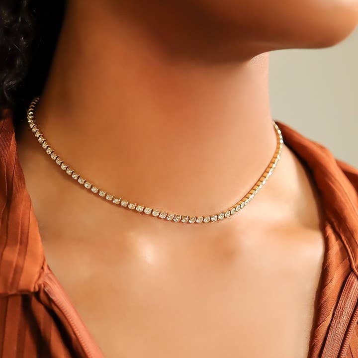 18K Gold PVD Stainless Steel CZ Tennis Chain Necklace for wholesale by Sunflower Soul Boutique
