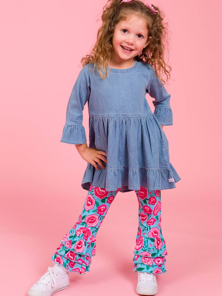 Blue Baby Girls Bright Blossoms Ruffle Flare Pants for wholesale on Faire