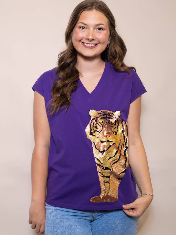 Wholesale | Wrap-Around Tiger | Women's Wide Shoulder Sequin Design (Purple) for wholesale by BOMB DESIGNS