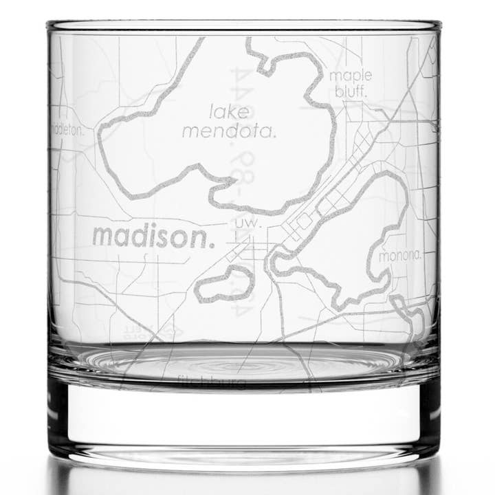 Madison, WI City Map - Etched Whiskey Rocks Glass for wholesale by Well Told