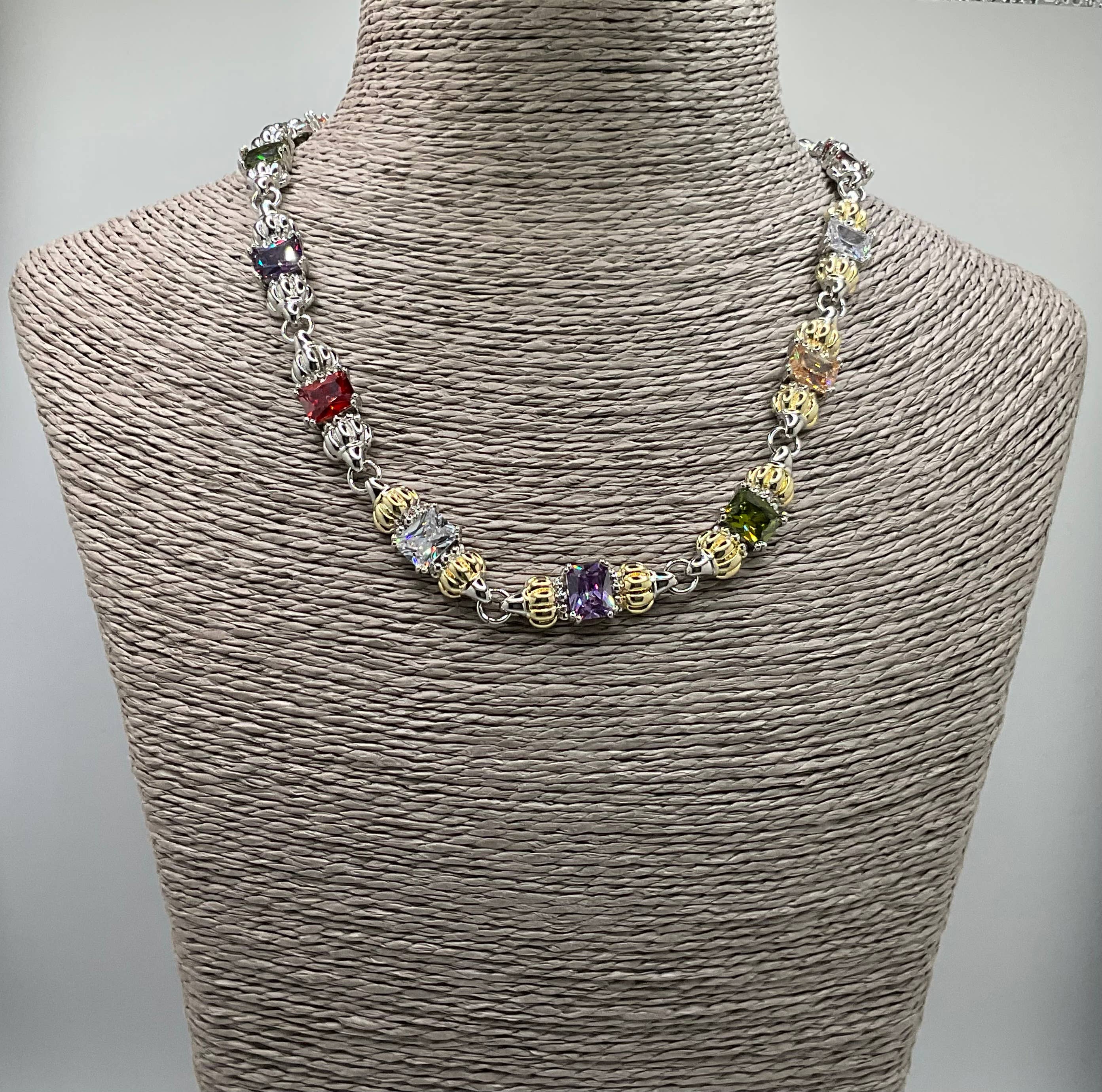 My Best Kept Jewelry - Wholesale Link & Chain Necklace - Multi-Coloured Cushion Cut CZ Necklace-Vintage1