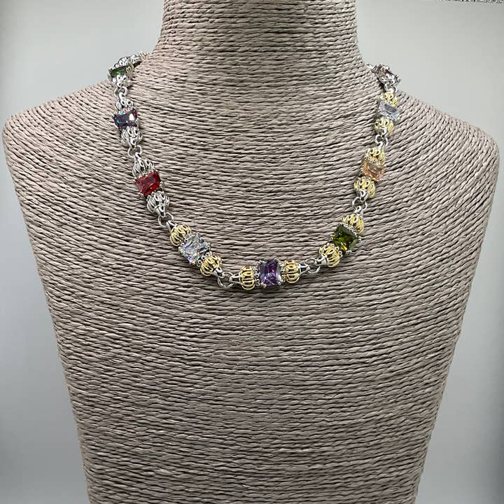 My Best Kept Jewelry - Wholesale Link & Chain Necklace - Multi-Coloured Cushion Cut CZ Necklace-Vintage1