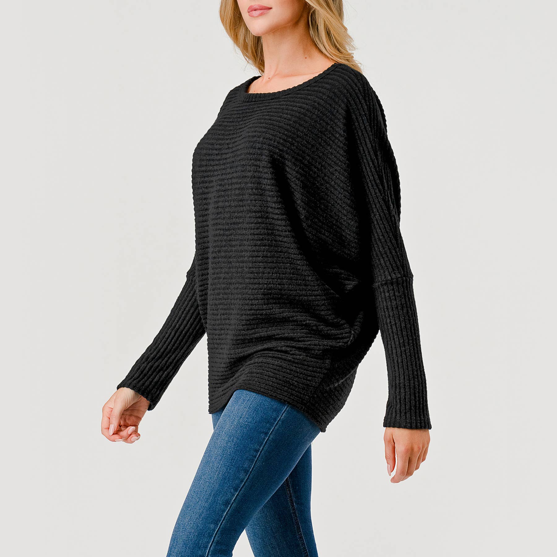 Heimious - Wholesale Knit Top - Women's - Long Dolman Sleeve Wide Rib Brushed Knit Top, T7972