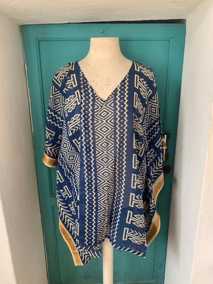 Beach kaftan short in Modern block-print tunica for wholesale by Aurobelle Ibiza