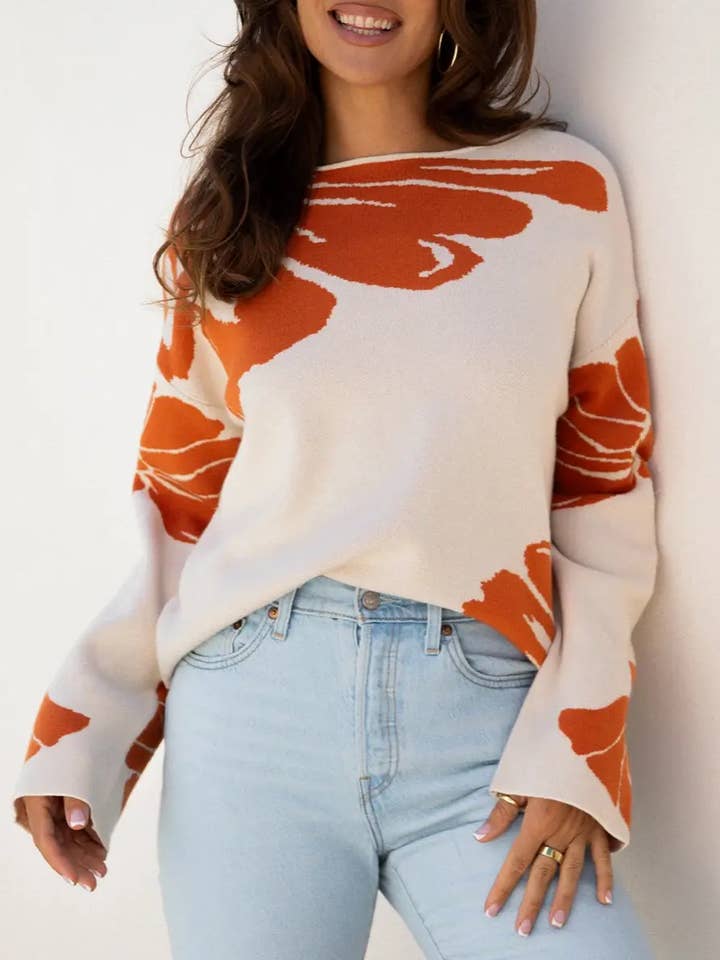 Bold Flower Pattern Wide Sleeve Baggy Sweater for wholesale by FULL TIME PURCHASE
