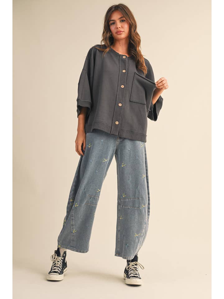 IP1373-C FLORAL EMROIDERED BARREL DENIM PANTS for wholesale on Faire1