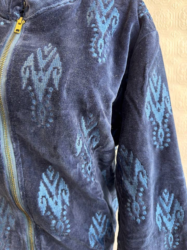 Elegant Royal Navy Ikkat Luxury Embroidered Velvet Tonal Boho Bomber Jacket for wholesale on Faire3