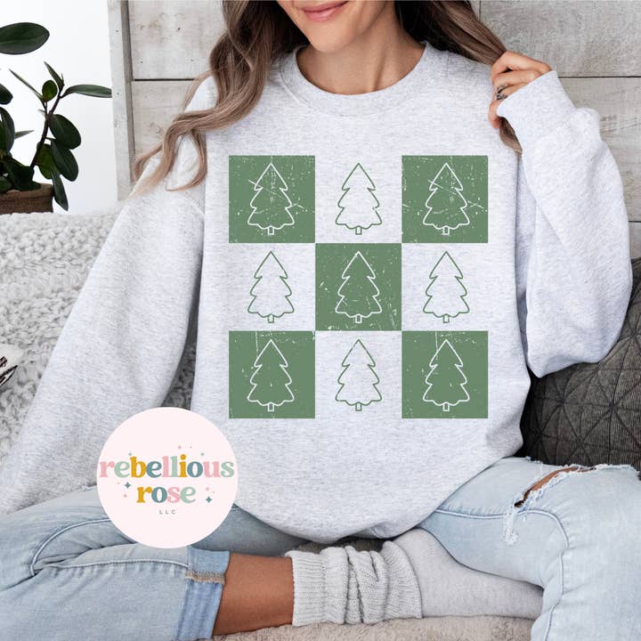 Christmas Tree Collage Graphic Crewneck Sweatshirt for wholesale by Rebellious Rose LLC
