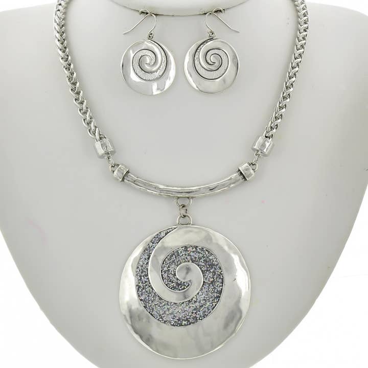 FR5029 Glitter Silver Swirl Spiral Metal Necklace Set for wholesale by 0011 PREMIERE