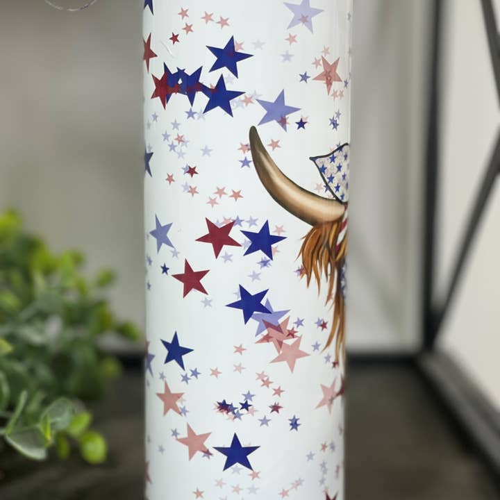 CMD Wholesale - Wholesale Insulated Mug/Tumbler - Stars & Stripes Highland Cow 20oz Skinny Tumbler