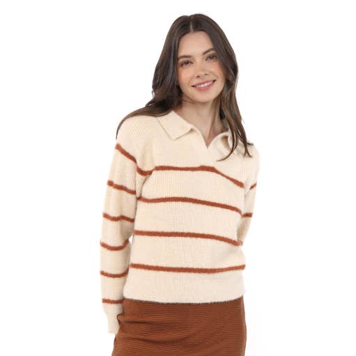 Tova Eyelash Yarn Collared Striped Sweater : CREAM BROWN and other Purchase Wholesale eyelash yarn. Free Returns & Net 60 Terms on Faire trending on Faire.