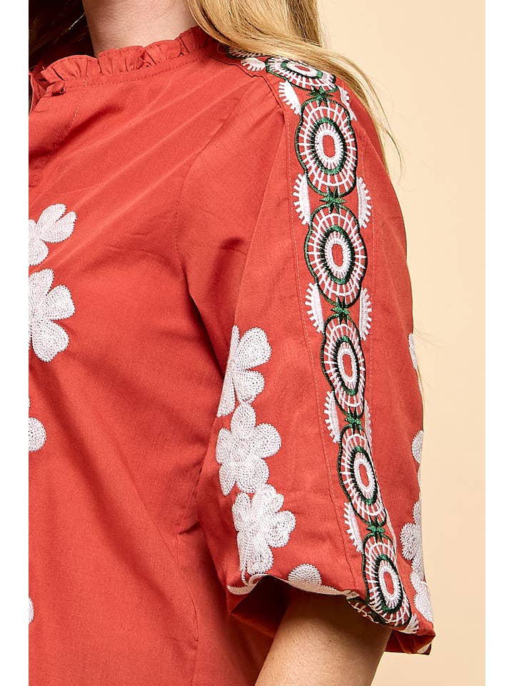RUST Floral Embroidery Blouse for wholesale on Faire6