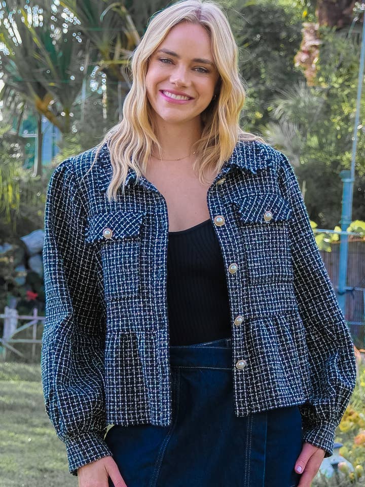 Tweed peplum jacket with pearl button-IJ9405 for wholesale by Nicabel