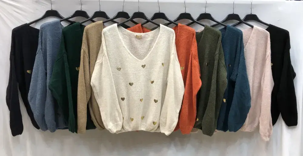 Mimi & Gogo - Venta al por mayor Jersey de punto - Mujer - Suéter con corazones dorados @20127_PullOrCoeur2