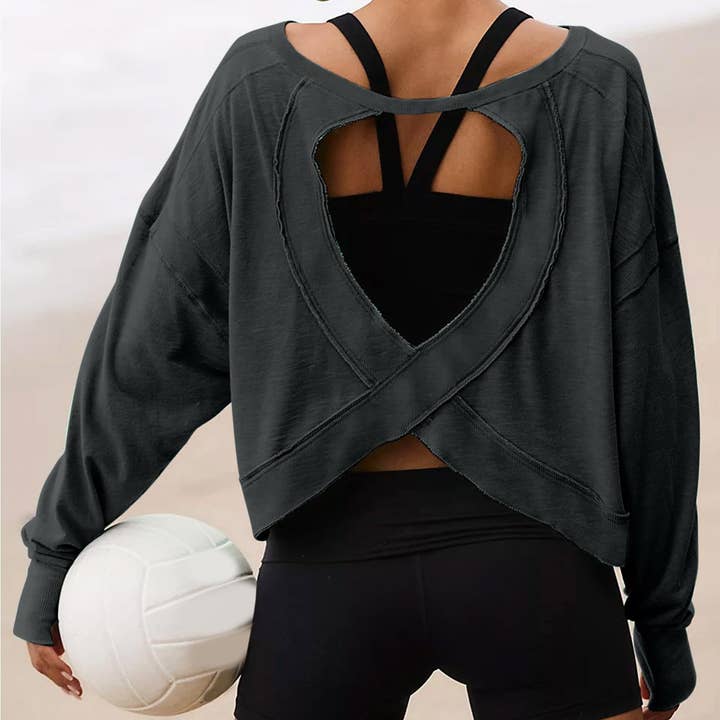 HIDDENBRAND - Wholesale T-Shirt - Women's - Slouchy wrapped cutout back workout long sleeve Tee