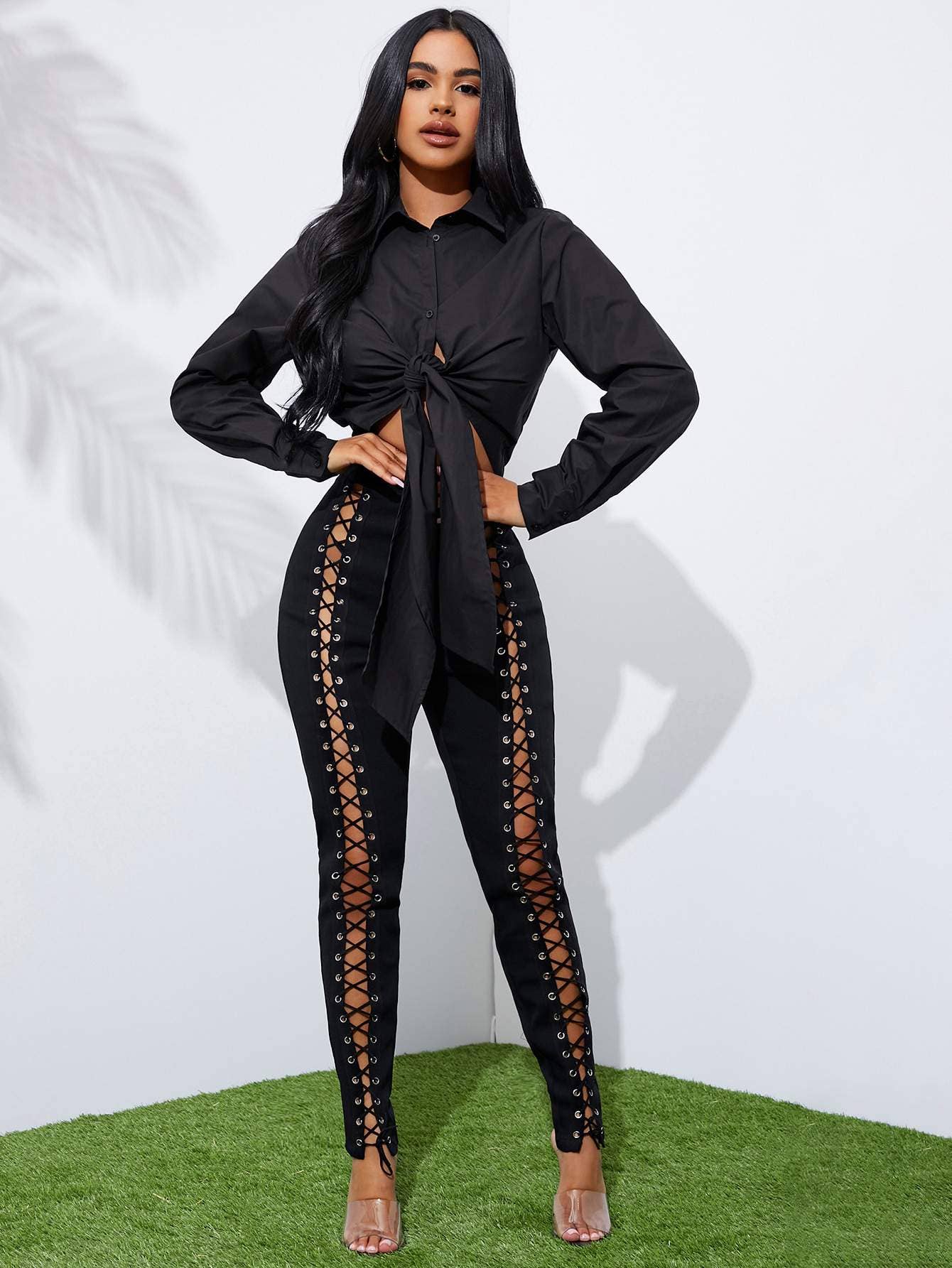 BLACK sxy high waist grommet lace up pants for wholesale on Faire0