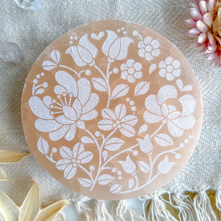 Fractalista Designs - Vente Plaques de charge pour cristal - Décoration d'intérieur en cristal sélénite « Fleurs de printemps », pêche de Pâques0