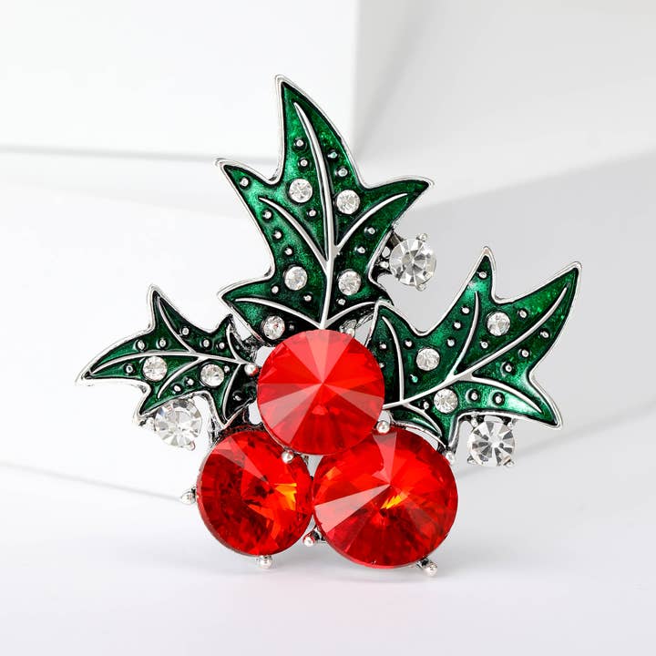 Tourtiwi - Wholesale Brooch - Christmas Red Berries & Green Leaves Rhinestone Holly Brooch