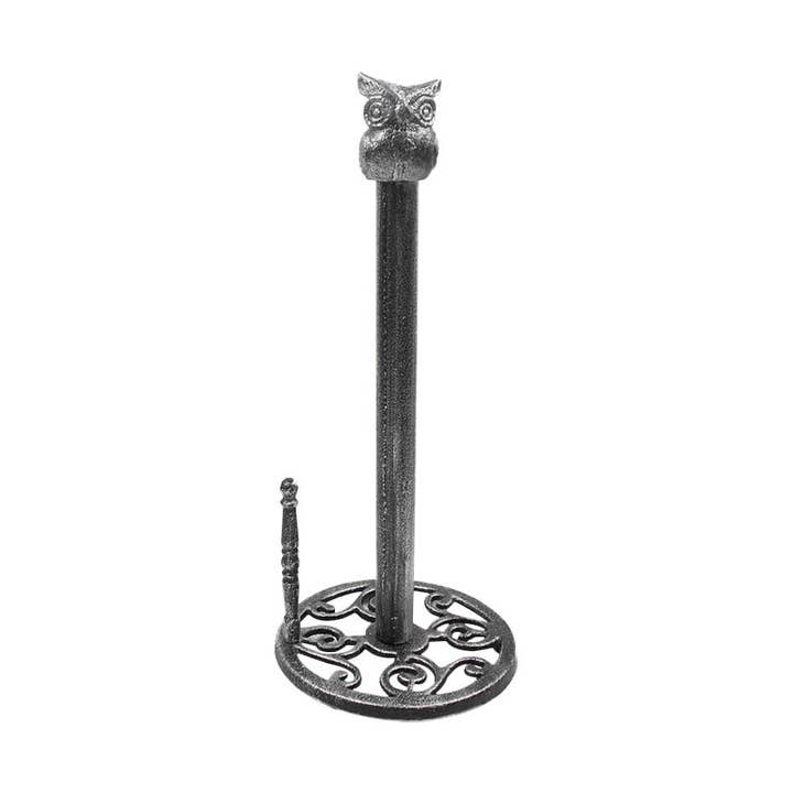 Rustic Silver Cast Iron Sitting Owl Kitchen Paper Towel Holder 16" for wholesale by Hampton Ironworks