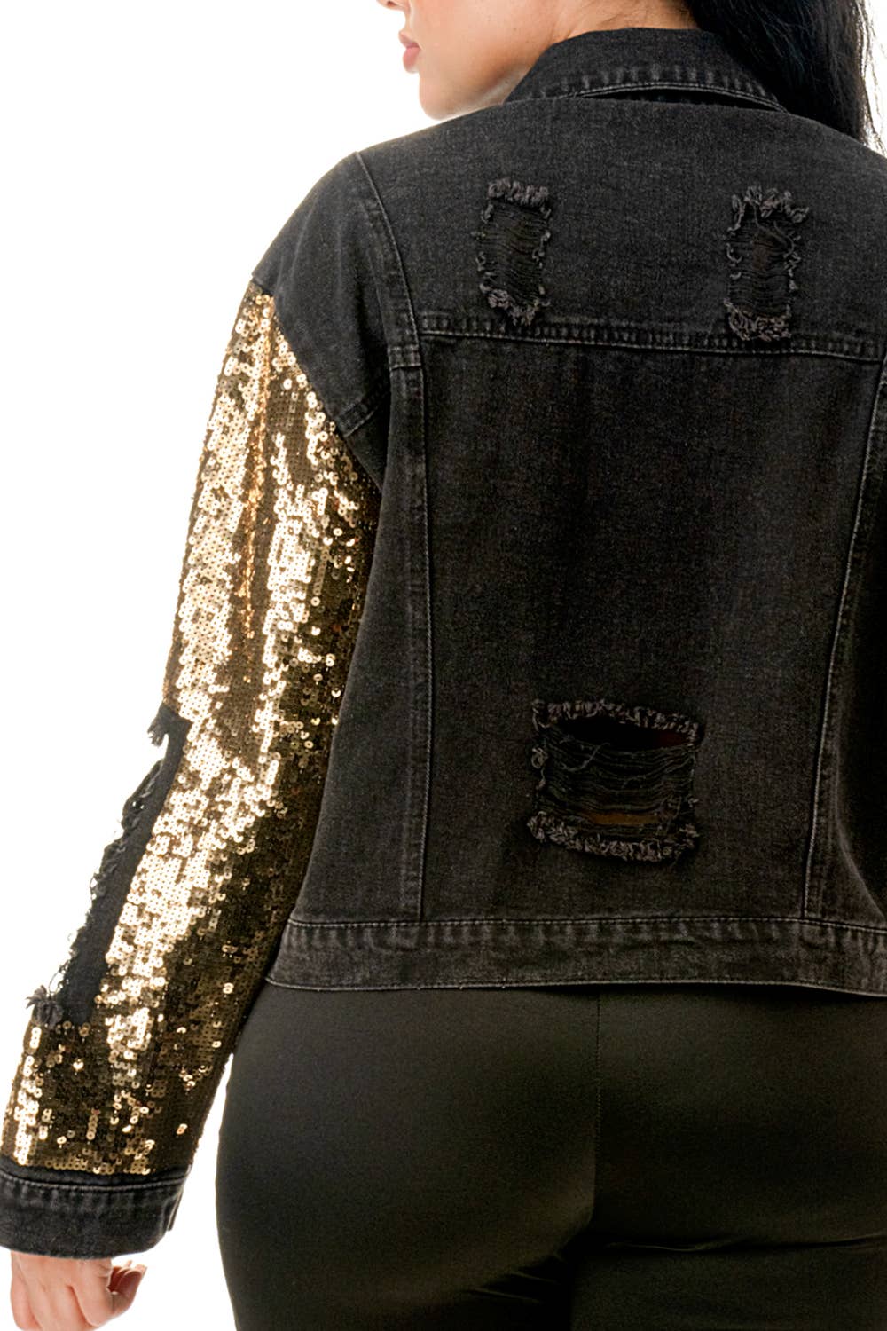 SALT - Wholesale Denim Jacket - Women's - (NJ7209)Sequin Sleeve Distressed Denim Crop Jacket14